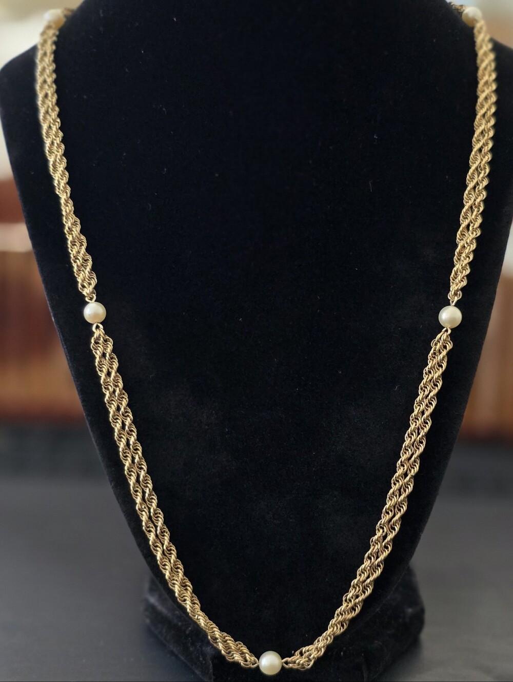 Vintage 12k Gold Filled Double Rope 3 Pearl Chain Necklace Marked P.W.